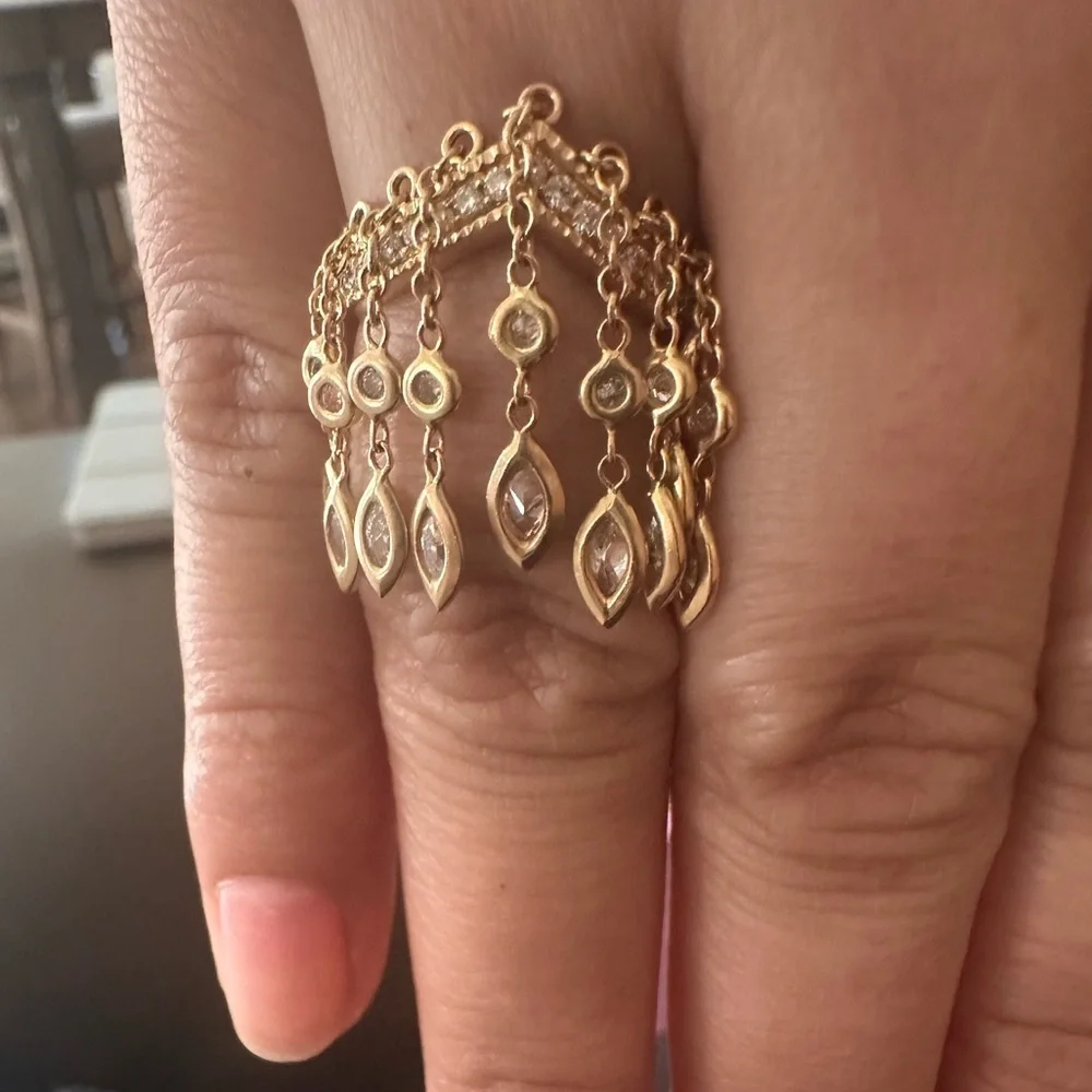RARE 14K💍JACQUIE AICHE EXTRA LONG DIAMOND SHAKER RING DANGLE GOLD FRINGE RING - Picture 10 of 17